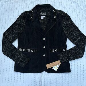 Y2K Leather Suede Jacket AMI Black Sweater Knit Sleeves Grommet Embellished XL